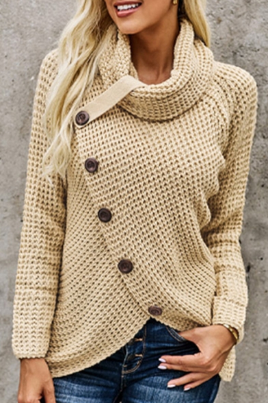 Womens Sweater Chic Plain Oblique Button Design Asymmetric Hem Turtleneck Long Sleeve Slim Fitted Sweater