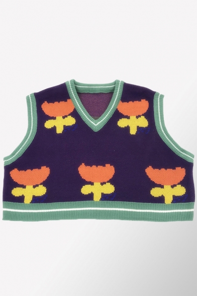 Womens Sweater Vest Casual Floral Jacquard V Neck Cropped Sleeveless Regular Fitted Sweater Vest