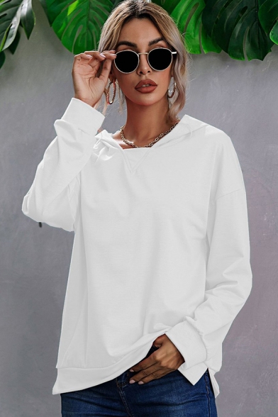 Womens T-Shirt Chic Solid Color Split Hem Side Loose Fitted Hooded Long Sleeve Tee Shirt