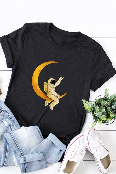 Womens T-Shirt Stylish Astronaut Crescent Moon Print Regular Fitted Round Neck Short Sleeve T-Shirt