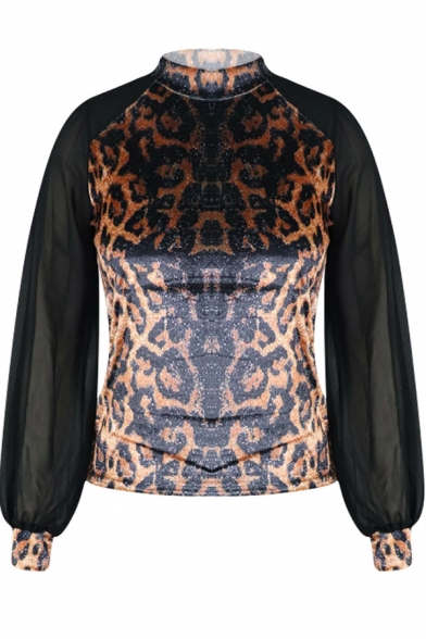 Womens Tee Top Chic Leopard Skin Pattern Pleuche Chiffon Patchwork Slim Fitted Long Bishop Sleeve Mock Neck Tee Top