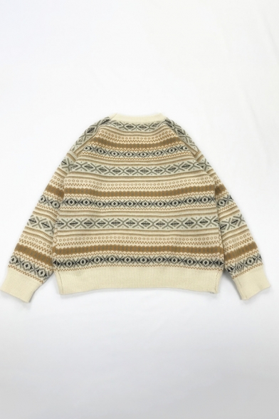 Womens Vintage Geometric Pattern Crewneck Long Sleeve Oversized Fair Isle Sweater