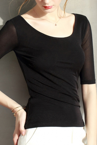 All-Match T-Shirt Solid Color Scoop Neck Half Sleeves Slim Fitted Tee Top for Women