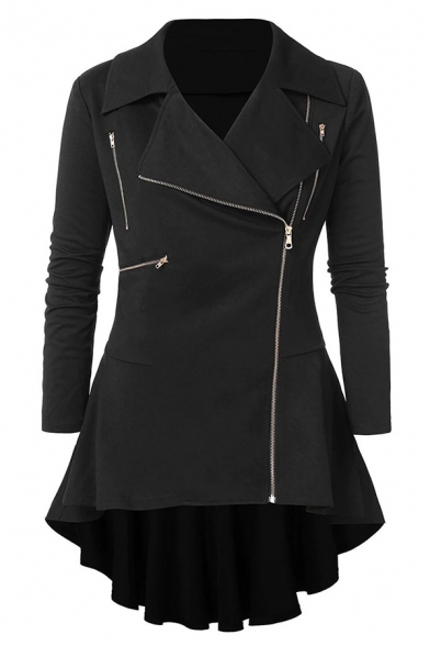Basic Womens Trench Coat Plain Ruffle Hem Swallow-Tailed Zipper Front Wide Lapel Slim Fit Long Sleeve Dress Coat