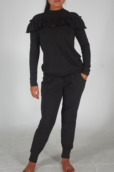 Black Plain Round Neck Long Sleeve Ruffle Patchwork Sweatshirt
