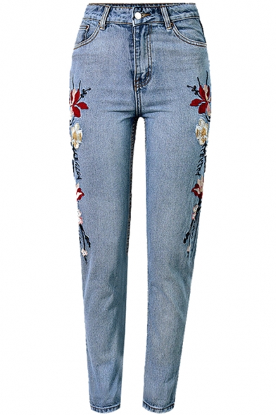 Chic Symmetrical Floral Embroidered Mid Waist Basic Skinny Jeans