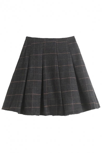Cool Women's Skirt Plaid Pattern Pleated Details Zipper High Waist A-Line Mini Skirt