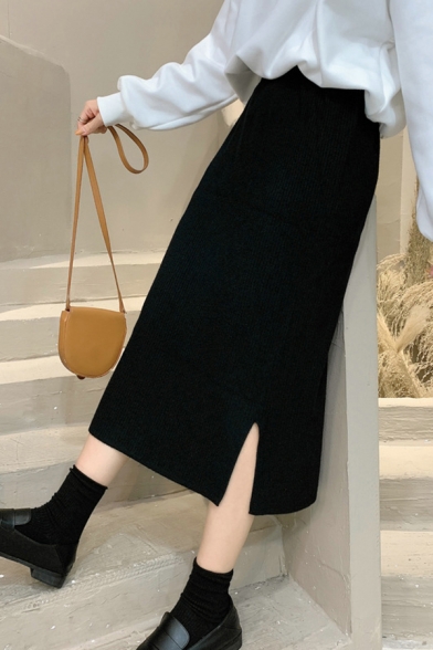 Creative Womens Skirt Double Split Detail Knitted High Elastic Rise Midi Bodycon Skirt