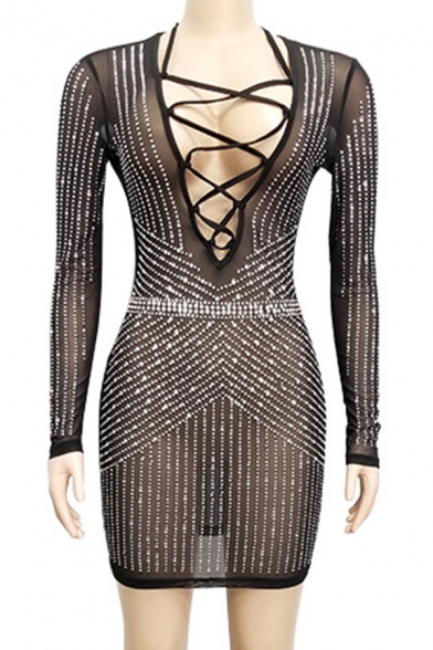 Elegant Women's Bodycon Dress Sequins Pattern Lace up Front Glitter Long-sleeved Slim Fitted Bodycon Dress