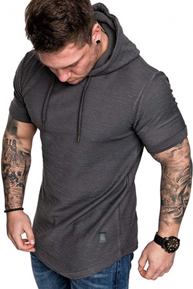 Fancy Men's Tee Top Solid Color Roll up Short Sleeves Drawstring Hooded Regular Fitted T-Shirt