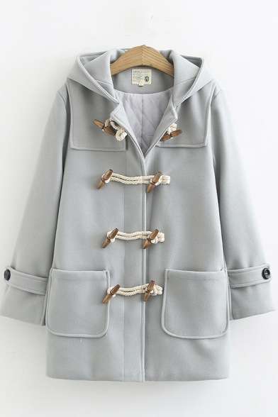Fancy Women Coat Solid Color Front Pockets Horn Button Hooded Long Sleeves Loose Fitted Coat