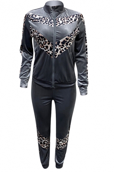 Fancy Women's Set Pleuche Contrast Leopard Print Front Pockets Zip Closure Stand Collar Long-sleeved Regular Fitted Ankle Tied Pants Co-ords