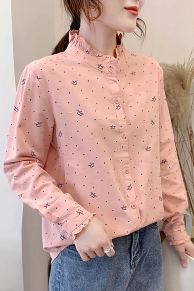 Fashionable Women's Blouse Crown Polka Dot Print Leaf Embroidery Lettuce Trim Button-down Regular Fitted Blouse Shirt