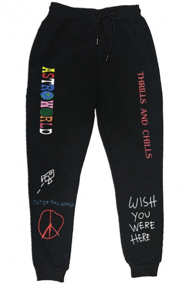 Guys Casual Fashion Letter WISH YOU WERE HERE Printed Drawstring Waist Cotton Sweatpants