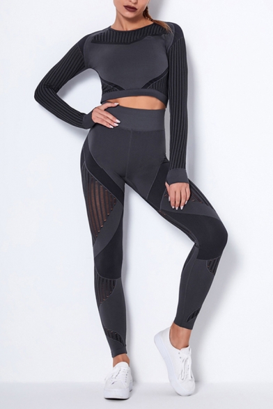 Leisure Womens Set Quick Dry Stripe Pattern Contrast Panel Crew Neck Long Sleeves Fitted Crop Top with High Waist Skinny Pants Fitness Co-ords