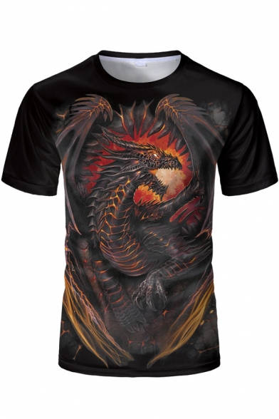 Men's Summer New Stylish Short Sleeve Stand Collar 3D Dragon Print Black T-Shirt