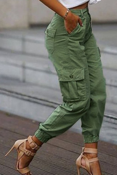 Novelty Womens Pants Solid Color Side Flap Pockets Gathered Cuffs High Rise Regular Fit 7/8 Length Tapered Cargo Pants