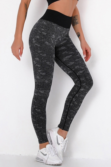 Quick Dry Women's Yoga Leggings Color Printed Butt Lifted Contrast Stitching Ribbed Detail High Waist Ankle Length Skinny Leggings