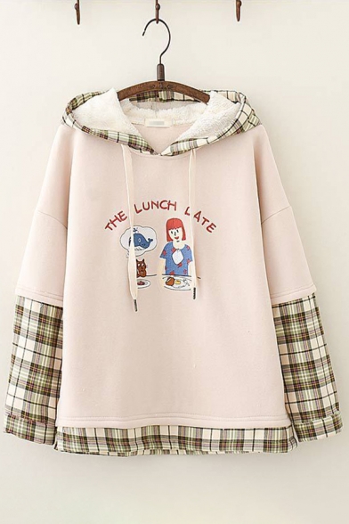 Retro Women's Hoodie Contrast Panel Plaid Cartoon Figure Letter The Lunch Late Printed Brushed Hooded Long Sleeves Regular Fitted Hooded Sweatshirt
