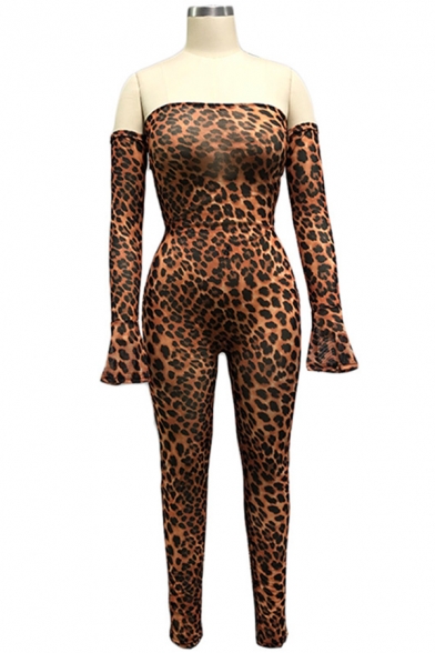 Sexy Fashion Orange Tiger Printed Long Sleeve Off Shoulder Bodysuit with Skinny Pants Co-ords