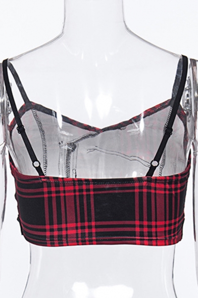 Sexy Women's Tank Top Plaid Pattern Buckle Zipper Detail Sweetheart Neck Sleeveless Strapped Slim Fitted Cropped Top