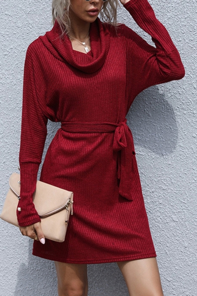 Sexy Womens Sweater Dress Solid Color Rib Knitted Button Detail Cowl Neck Banded Long Batwing Sleeves Fitted Sweater Dress with Belt