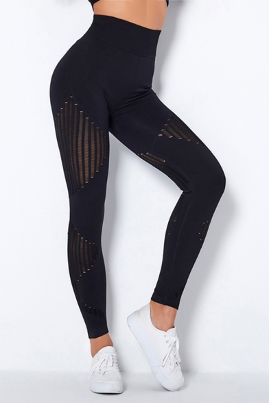 Sporty Women's Yoga Leggings Color Block Contrast Panel Stripe Pattern High Elasticity Waist Ankle Length Skinny Leggings