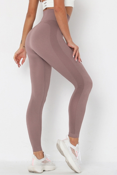 Sporty Womens Yoga Leggings Solid Color Contrast Stitching Elasticity Ribbed High Waist Ankle Length Skinny Leggings