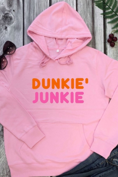 Stylish Women's Hoodie Dunkie Junkie Pattern Front Pocket Long-sleeved Regular Fitted Drawstring Hooded Sweatshirt