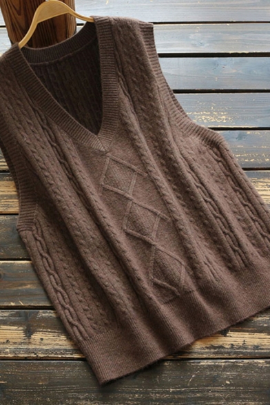 Trendy Vest Solid Color Cable Knit Ribbed Trims V Neck Sleeveless Regular Fit Sweater Vest for Women