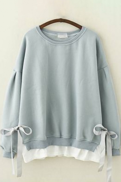 Unique Womens Sweatshirt Letter Angel Embroidered Contrast Panel Hem Round Neck Long Drop-Sleeve Loose Fit Pullover Sweatshirt