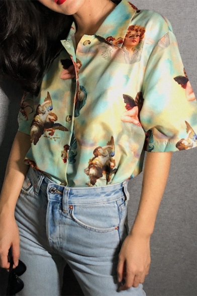 Vintage Angel Print Short Sleeves Button Up Loose Fit Green Summer Shirt