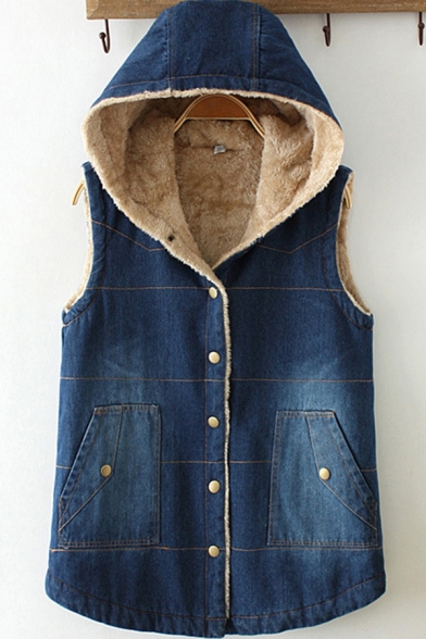 Vintage Womens Vest Medium Wash Thickened Sherpa Lined Button Fly Sleeveless Slim Fitted Hooded Denim Vest