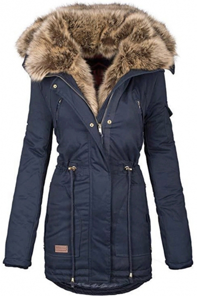Womens Coat Stylish Drawstring Waist Fur-Trimmed Zipper up Long Sleeve Slim Fit Mid-Length Parka