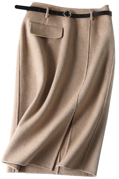 Womens Skirt Simple Plain Double-Sided Woolen Split Front Midi High Waist Bodycon Skirt with Belt