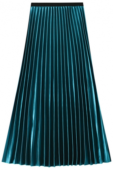 Womens Swing Skirt Trendy Metallic Contrast-Waistband Midi High Waist A-Line Pleated Skirt