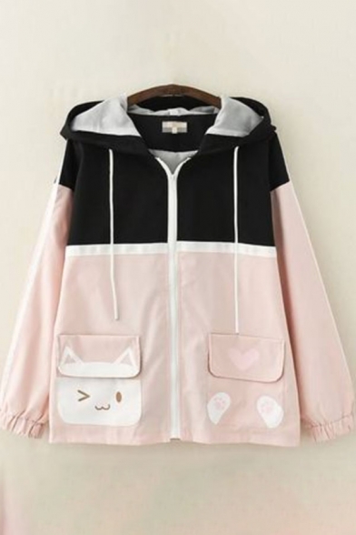 Womens Trench Coat Casual Color Block Panel Cartoon Cat Pattern Front Double-Pocket Zipper up Drawstring Hooded Loose Fit Long Sleeve Trench Coat