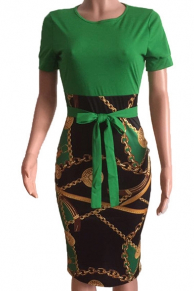 Basic Womens Dress Tassel Chain Print Contrast Bow-Tie Waist Short Sleeve Midi Slim Fitted Round Neck Bodycon Dress
