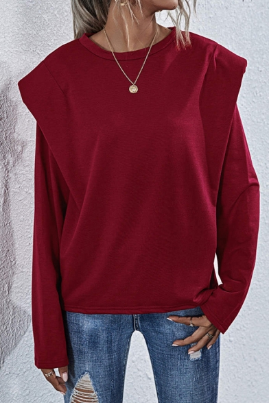 Basic Womens T-Shirt Solid Color Shoulder Pad Relaxed Fitted Long Sleeve Crew Neck Tee Top