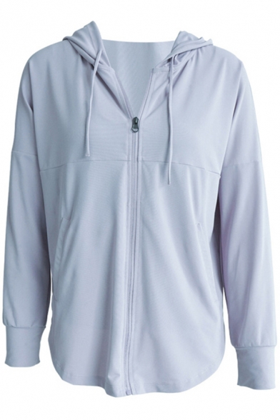 Classic Womens Sport Jacket Plain Quick Dry Curved Hem Zipper down Drawstring Regular Fit Long Sleeve Hooded Yoga Jacket