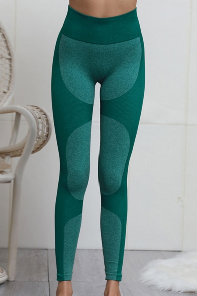 Creative Womens Fitness Leggings Contrast Panel Space Dye Pattern Ribbed Hem High Waist Full Length Skinny Gym Pants