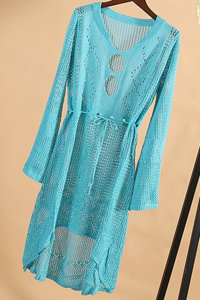 Fancy Women's A-Line Dress Broderie Design Hollow out Drawstring Waist Asymmetrical Hem Long Flare Cuff Sleeves