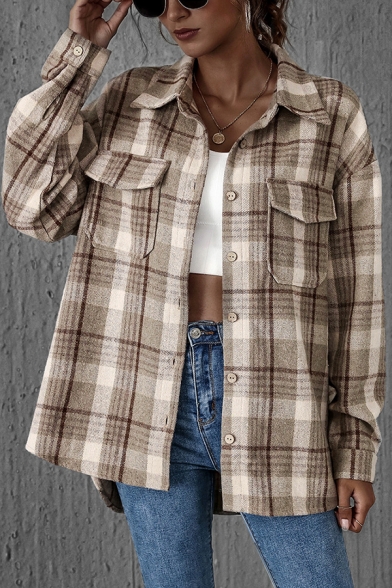 Leisure Women's Shirt Plaid Print Chest Pockets Button-down High-Low Hem Spread Collar Long-sleeved Regular Fitted Shirt Blouse