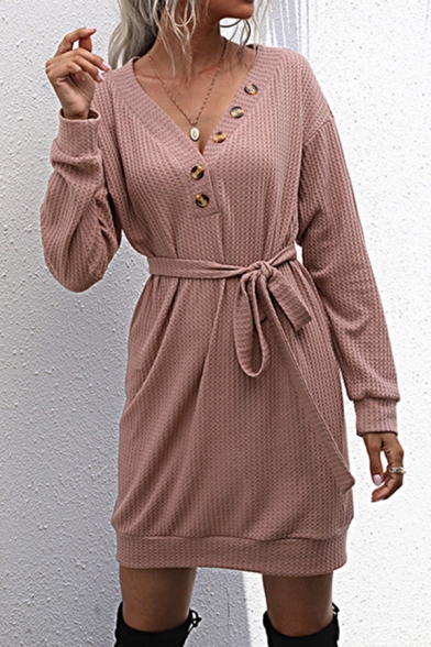 Leisure Women's Sweatshirt Dress Solid Color Button Detail Long Sleeves Regular Fitted Short Sweatshirt Dress with Belt