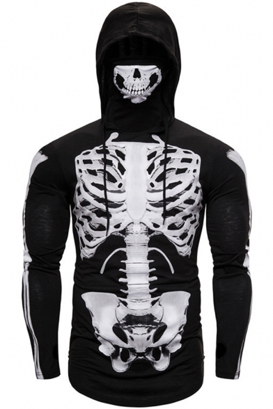 Mens Halloween Cosplay Costume Cool Skull Skeleton Drawstring Fitted Hoodie