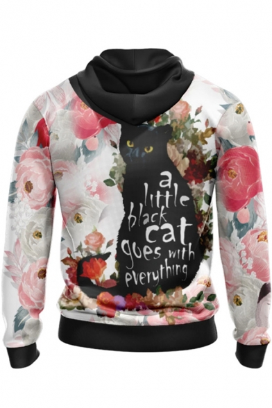 Mens Hoodie Unique Cat Floral Letter Pattern Drawstring Long Sleeve Slim Fit Hooded Sweatshirt