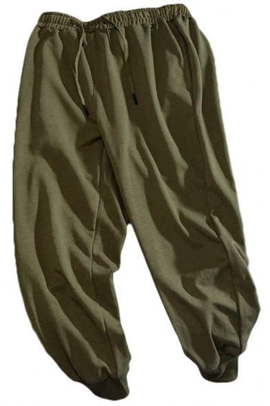 Mens Pants Chic Solid Color Drawstring Waist Cuffed Long Loose Fitted Tapered Jogger Pants