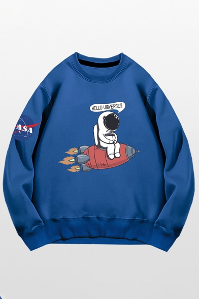 Mens Sweatshirt Stylish Astronaut NASA Logo Rocket Letter Hello Universe Pattern Long Sleeve Relaxed Fit Crew Neck Pullover Sweatshirt