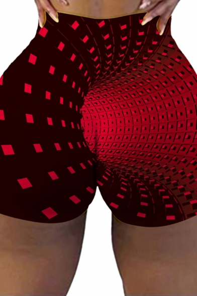 Novelty Womens 3D Shorts Tunnel Pattern Stretch Elastic Waist Skinny Fitted Yoga Shorts