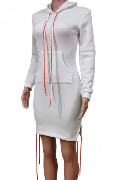 Novelty Womens Dress Solid Color Drawstring Split Hem Kanga Pocket Mini Slim Fitted Hooded Long Sleeve Bodycon Dress